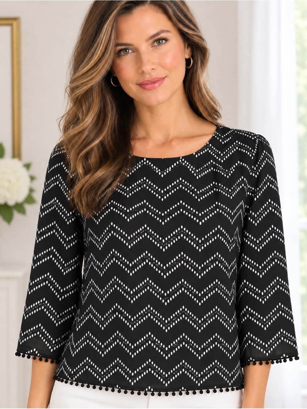 love on a hanger Black Chevron Dot 3/4 Sleeve Pom-Pom Trim Top
